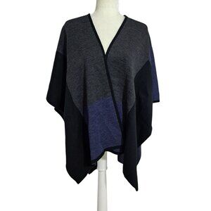 Lord & Taylor Women's Color Block Charcoal Blue Open Boho Work Office Poncho OS